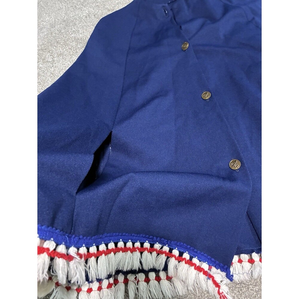Vintage Handmade 70s Blue Cape Poncho Gold Crest Buttons Fringe Americana OS